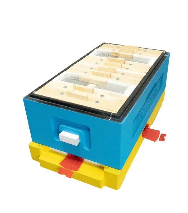 Vier-Nukleus-Beute aus Styropor – 4 Ableger – Komplettset blau-gelb