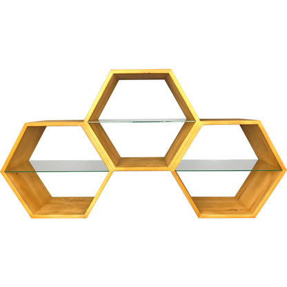 HönigVerkaufsregal "3 Waben" groß-Dekorative Holzvitrine für Honigprodukte