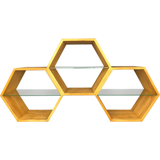 HönigVerkaufsregal "3 Waben" groß-Dekorative Holzvitrine für Honigprodukte